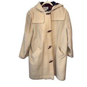 Vintage L.L. Bean Womens Cream Hooded Wool Duffle Coat Plaid Lining & Toggle
